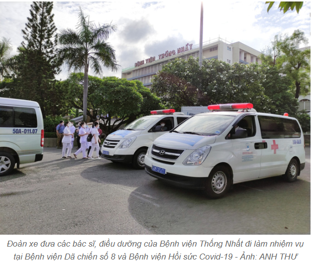 Đoàn xe đưa bác sĩ của bệnh viện thống nhất đi làm nhiệm vụ giữa dịch bệnh covid-19